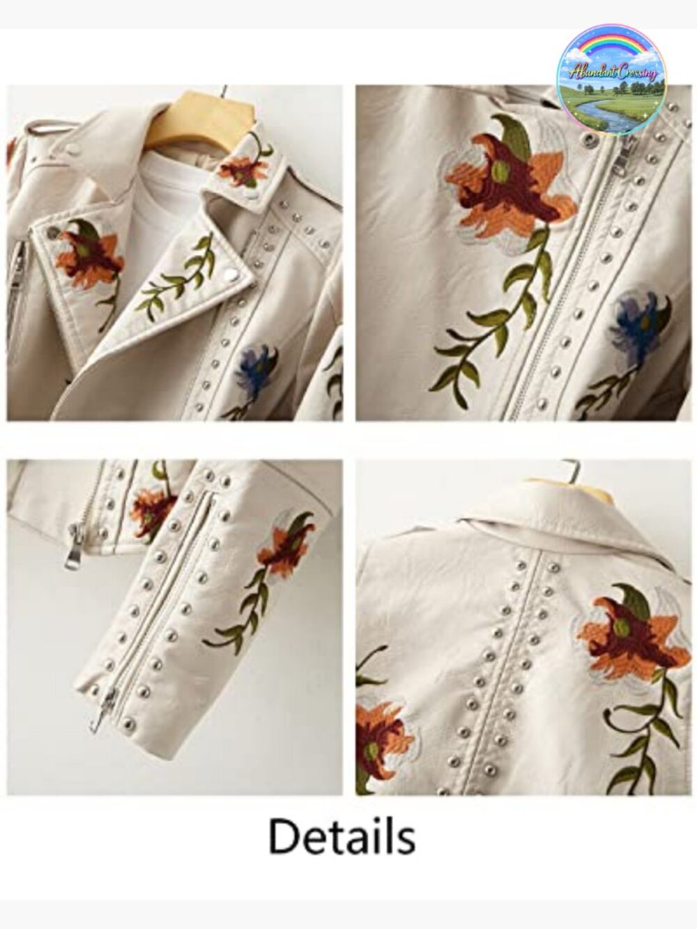 Embroidered Studded Faux Leather Moto Jacket Floral Punk Coat - Picture 5 of 6